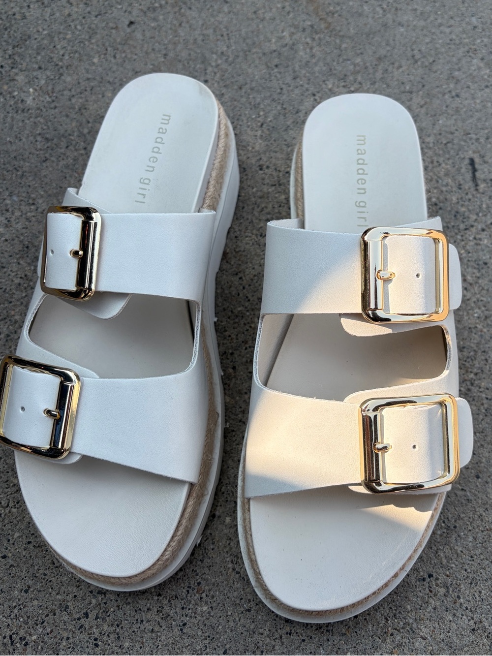 Madden Girl cream  Double-Buckle Platform Slide Sandals with Gold Buckles